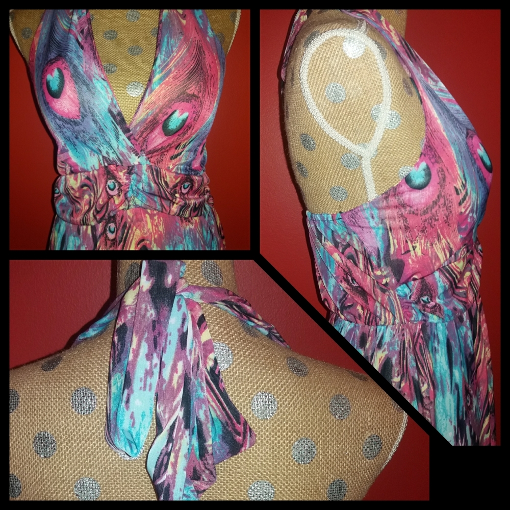NWOT Feather Print Halter Maxi Dress - Picture 5 of 6